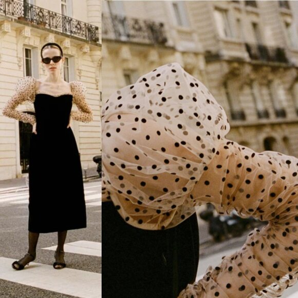 Doen Criselda Midi Dress Black Velvet Polka Dot Puff Sleeve Heirloom Size 00 - Picture 11 of 12